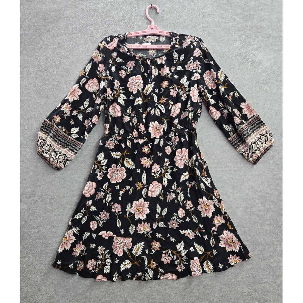 Old Navy Women Dress Large Black Floral Mini A Line Keyhole Balloon Sleeve